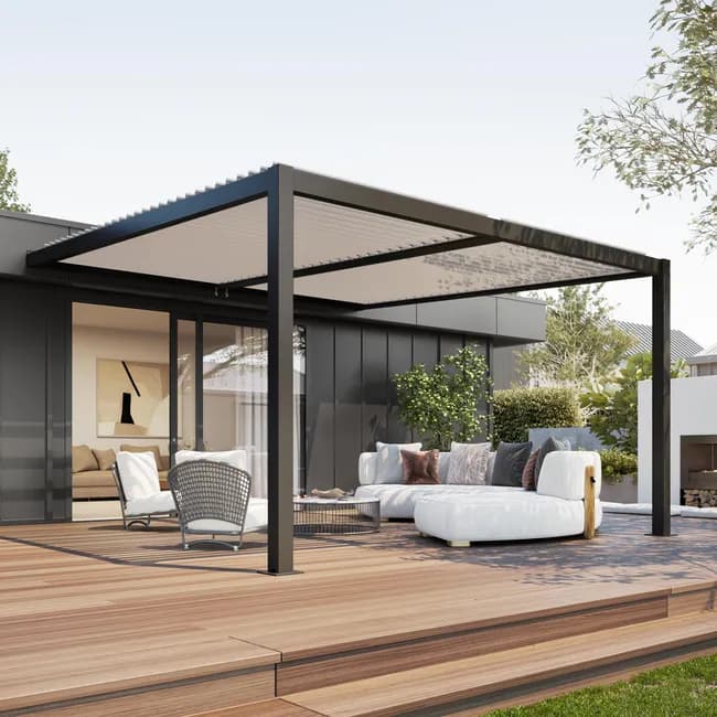 Pergola bioclimatique adossée 4 x 3 m à lames orientables en aluminium - Gris anthracite